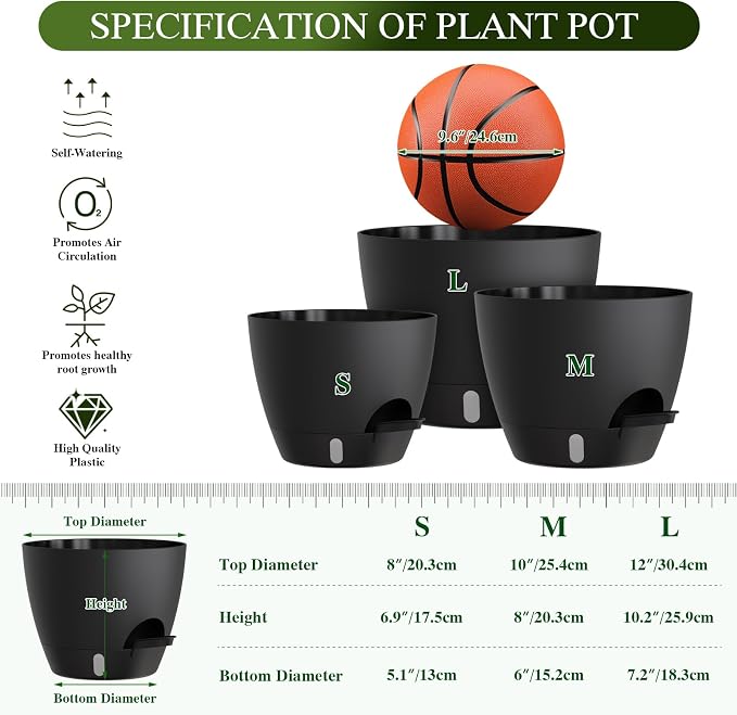 Self Watering Pots with Drainage Holes, 3 Pack 12/10/8 Inch Plant Pots with - Image 2