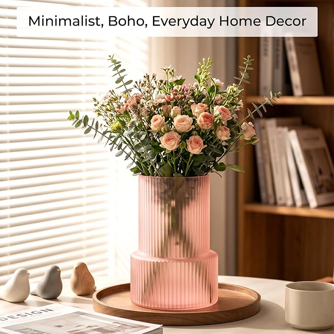 Pink Ribbed Glass Vase, Modern Decorative Flower Vase | Home Decor, Living Room - Image 6