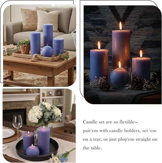 Dark Blue Rustic Textured Pillar Candles Set - Image 7