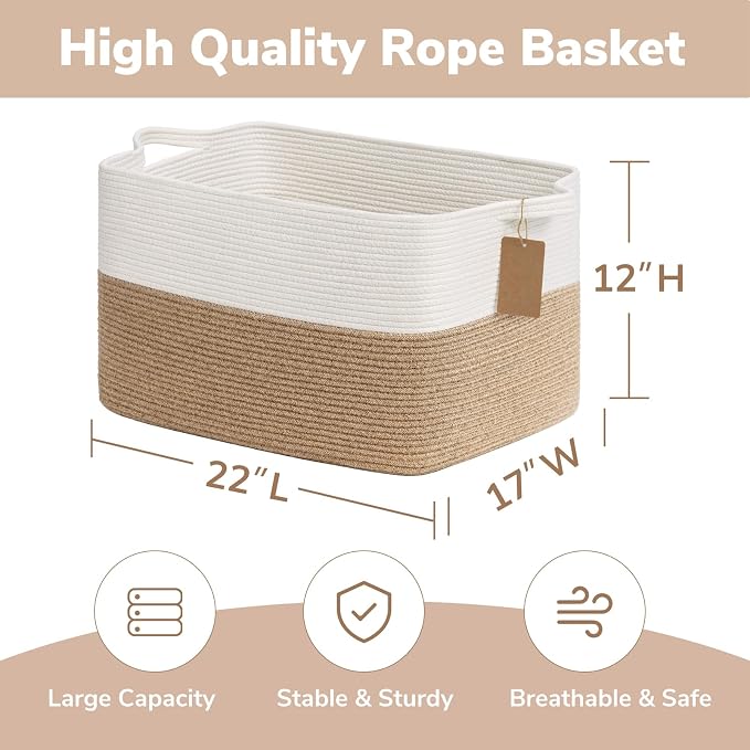 Goodpick 75L Extra Large Woven Rope Blanket Basket, Jute | 22" × 17" × 12" - Image 3