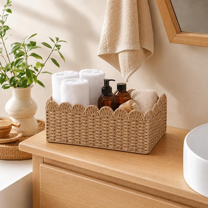 2 Pack Foldable Scalloped Basket, Handwoven Wicker Storage Baskets - Image 9