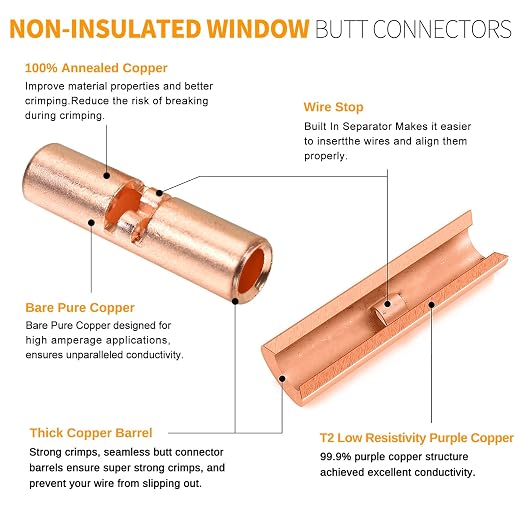 24-18 AWG Wire Splice Kit – 100 PCS 24-18 Gauge Bare Copper Non-Insulated Butt - Image 4