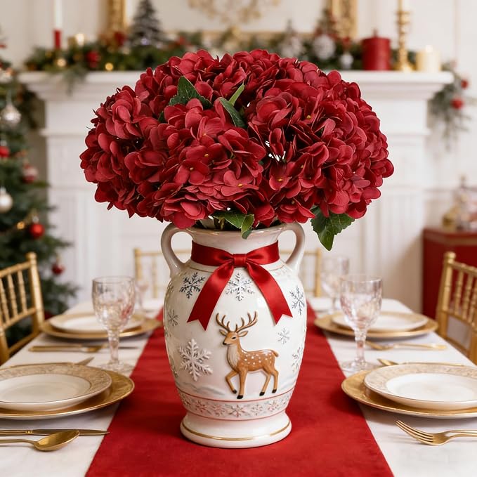 Kimura's Cabin 6Pcs Hydrangea Artificial Flowers Silk Hydrangeas, Dark Red | - Image 4