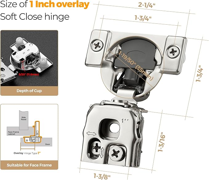 Soft Close Hinges for Kitchen Cabinet Hinges, 1 Inch Overlay, 60 Pack | 30 Pairs - Image 4