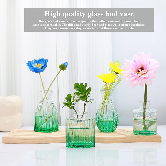 Glass Bud Vases Set of 4, Small Green Flower Vases - Image 4