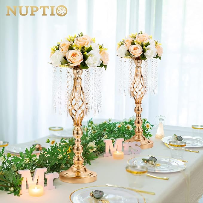 2 Pcs 19.3 inches Gold Tall Crystal Flower Stand and Holders Centerpiece - Image 2