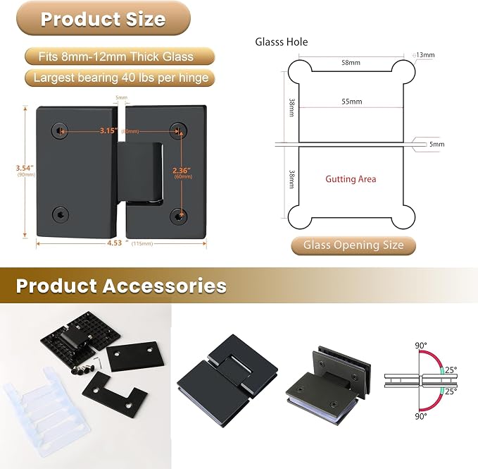 Alise Glass Shower Door Hinge, 180° Shower Hinge - Image 2