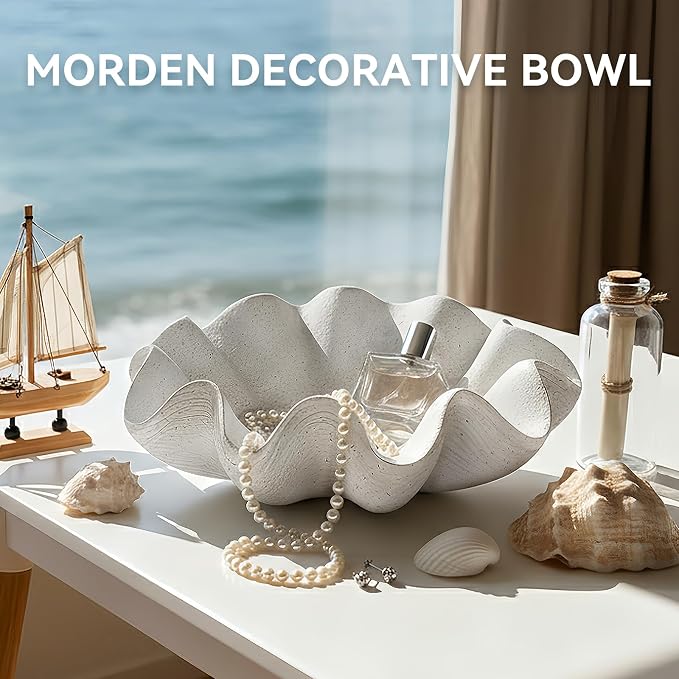 Scalloped Decorative Bowl Home Decor, 12.6" Shell Ruffle Fruit Bowl | Modern - Image 2