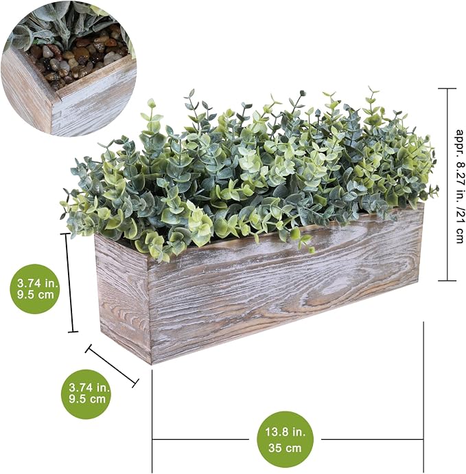 Winlyn 14" Artificial Eucalyptus in Rustic Rectangular Wooden Planter Box Faux - Image 2