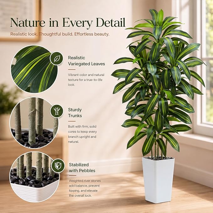 Artificial Dracaena Tree: 6FT Fake Plants Silk Faux Trees（White Pot） | - Image 5