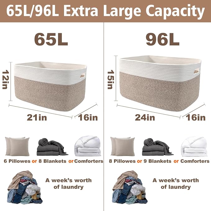 JMvicyroam 65L Large Woven Cotton Rope Blanket Basket, Freestanding - Image 3