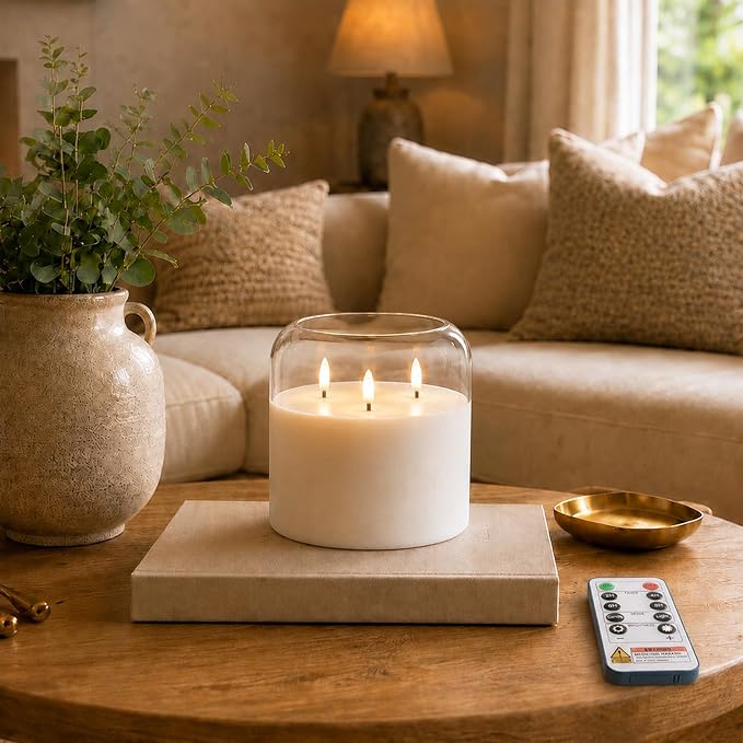 Homemory Pure White Large Glass Flameless LED Candle, 3 Wicks, Remote Timer | - Image 2