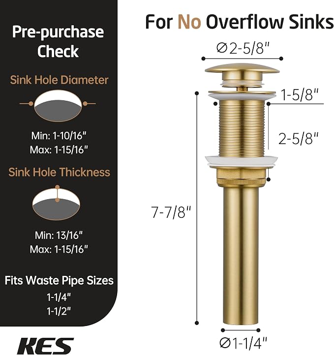 KES Sink Drain Without Overflow Bathroom Pop Up Drain Assembly Stopper Vessel - Image 6
