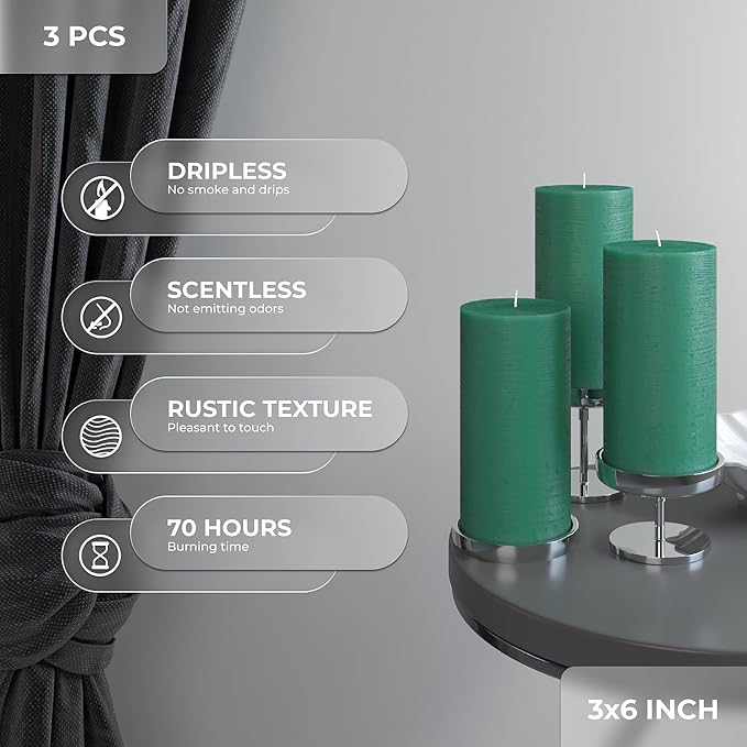 3x6 Inch Green Pillar Candles Set of 3 - Image 3