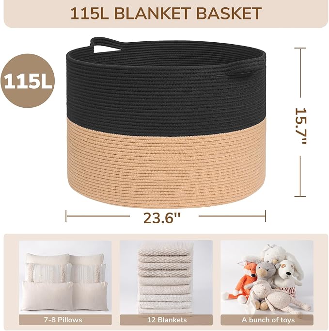 INDRESSME 115L Extra Large Woven Rope Blanket Basket Living Room BlackCamel | - Image 2