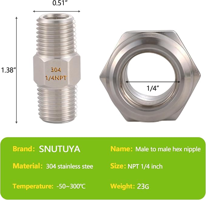 2PCS Hex Nipple 1/4" x 1/4" Male Pipe Fittings, 304 Stainless Steel 1/4 inch - Image 2