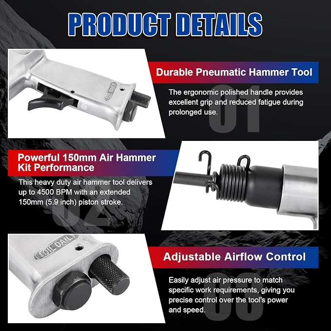 NYXOVA 150mm Air Hammer Kit, 4500 BPM Short Barrel Pneumatic Hammer | - Image 4