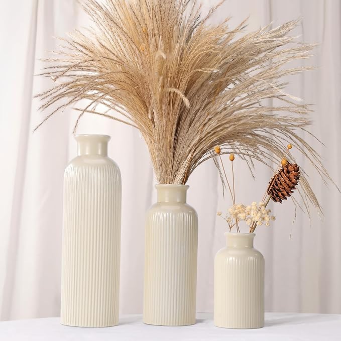Small Beige Ceramic Vase Set of 3, Boho Modern Beige Flower Vase Room Decor - Image 3