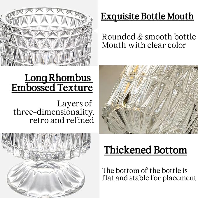 BLOFLO Embossed Glass Vase, Pedestal Big Base Glass Bouquet Vase, Hydroponic - Image 5