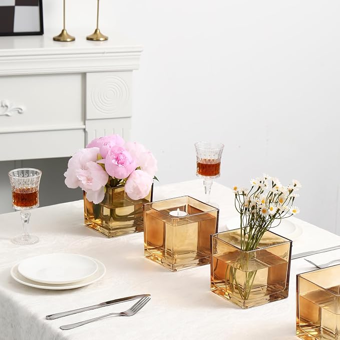 Square Glass Vases Set of 6, Amber Vase - Image 2