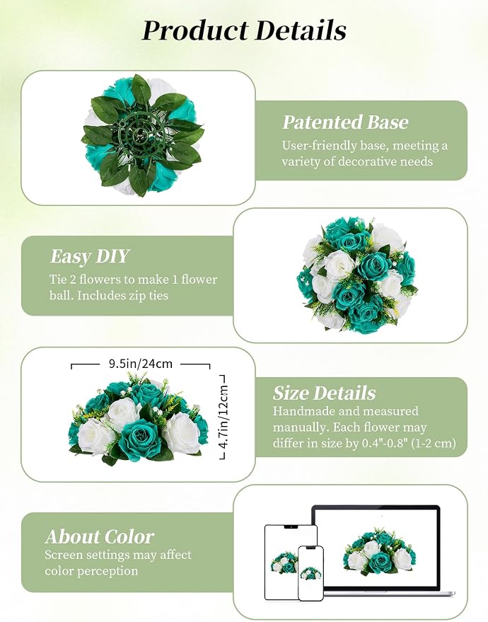 BLOSMON Teal Flowers Ball Decorations: 2 Pcs Fake Roses Table Centerpiece | - Image 5