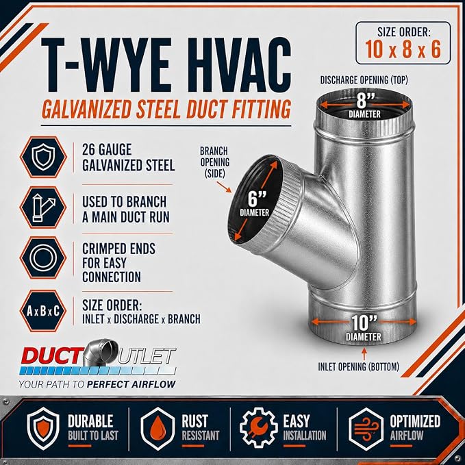 10" x 8" x 6" T-Wye HVAC Duct Fitting, 26 Gauge Galvanized Steel Round Duct - Image 2