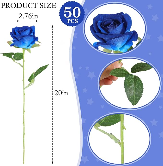 Hananona 50 Artificial Roses in Bulk, Fake Silk Roses Realistic Blue Roses - Image 2