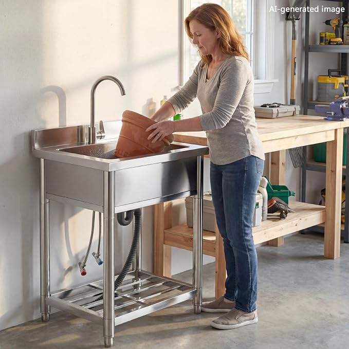 Stainless Steel Commercial Kitchen Sink, Free Standing Single Bowl Sink - Image 2