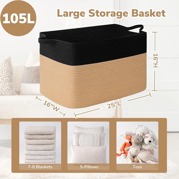 Goodpick 105L Extra Large Woven Blanket Basket Cotton Rope Storage Baskets - Image 3
