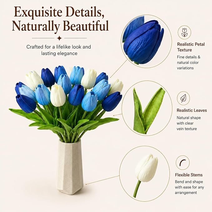 Mandy's 20pcs Artificial Shades of Blue Tulips | 13.5 Inch Lifelike PU Tulips - Image 4