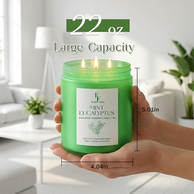 Mint Eucalyptus Large Scented Candle, 3-Wick 22oz Long Lasting Scented Candle - Image 4