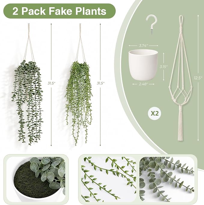 Artificial Hanging Plants, 2 Pack Macrame Plant Hanger - Image 6