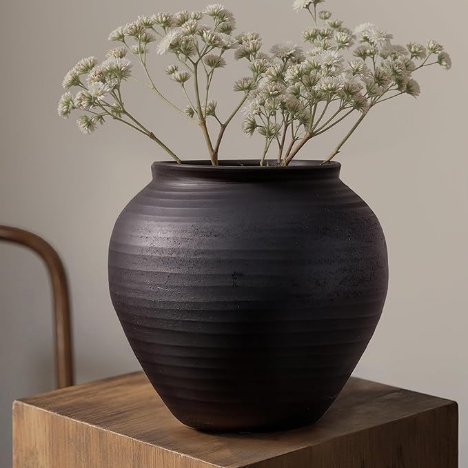 Matte Black Ceramic Vase, 6.7” Wabi-Sabi Ribbed Flower Vase, Handmade Pottery by YVTVY