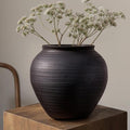 Matte Black Ceramic Vase, 6.7” Wabi-Sabi Ribbed Flower Vase, Handmade Pottery by YVTVY