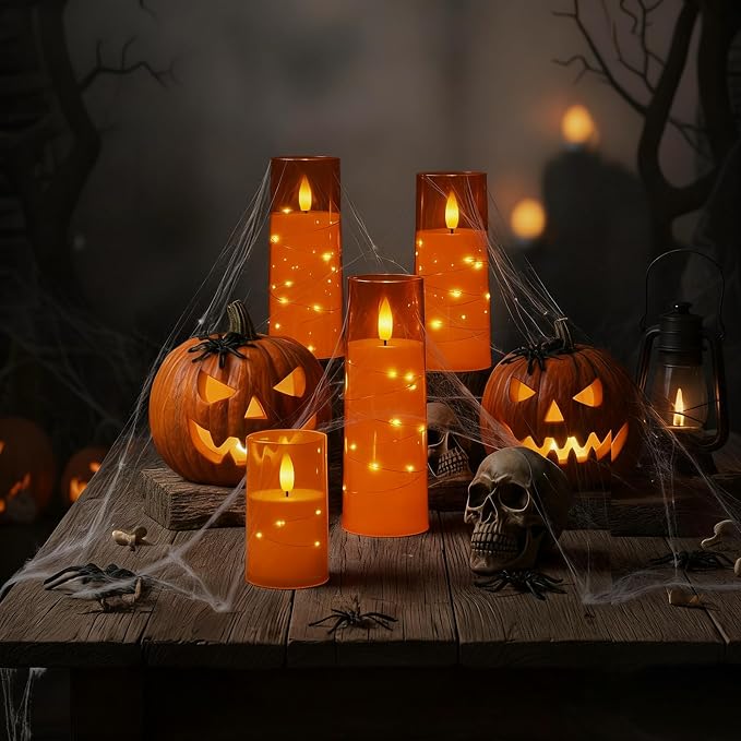 Raycare 9 Pcs Orange Halloween Flameless Pillar Candles - Image 3