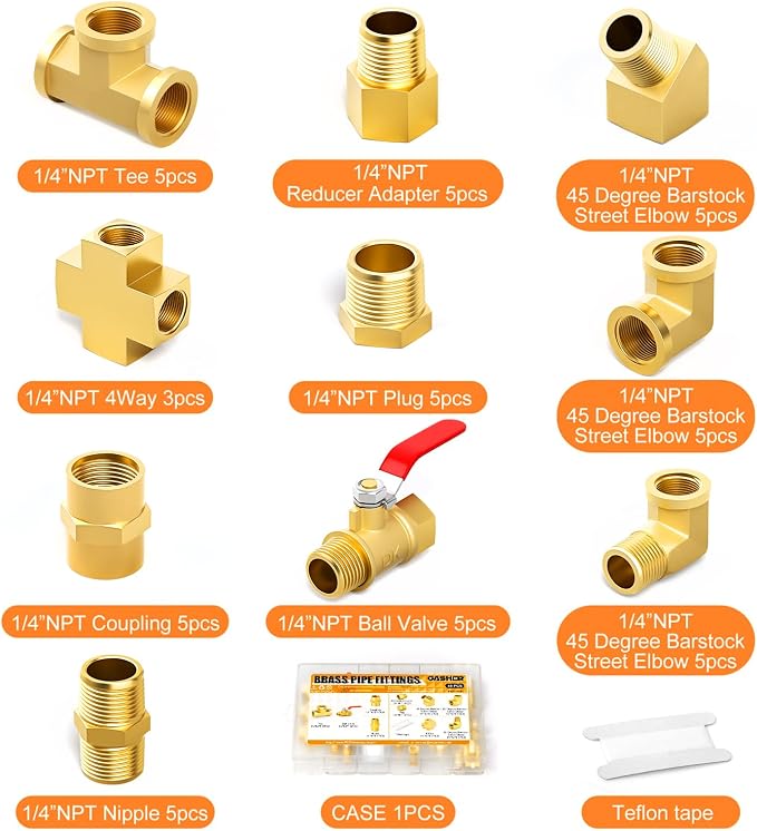 GASHER 48PCS 1/4"NPT Brass Pipe Fittings Kit，Coupling，90 Degree Elbow，45 Degree - Image 4