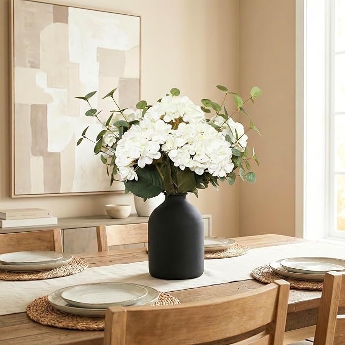 Real Touch White Faux Hydrangea And Eucalyptus Arrangement, Faux Floral - Image 3