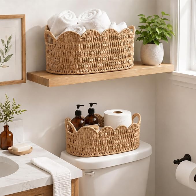 Coeusy Paper Rope Scalloped Basket Set of 2, Wicker Storage Baskets - Image 6