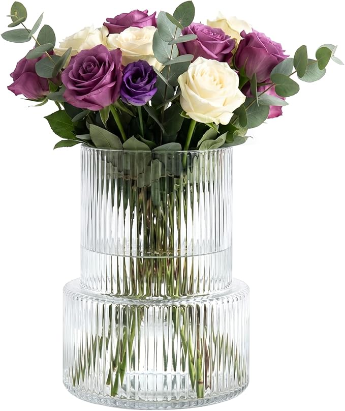 Ribbed Glass Cylinder Vase Set, Home Decor, Tall Fluted Glass by Woaiwo-q