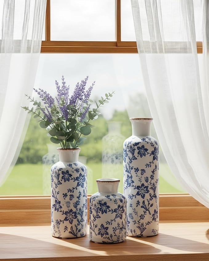 Blue and White Ceramic Vase Set of 3, Vintage Floral Vases - Image 7