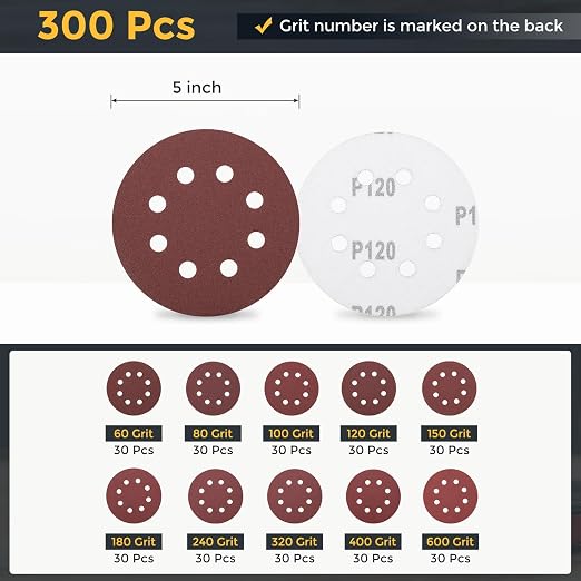 HARFINGTON 300Pcs 5Inch Sanding Disc 8 Hole Hook and Loop Sandpaper Red | - Image 2