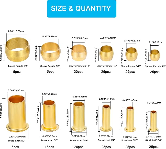 Compression Fittings Assortment kit-6 Sizes Brass Compression Sleeves Ferrules - Image 2