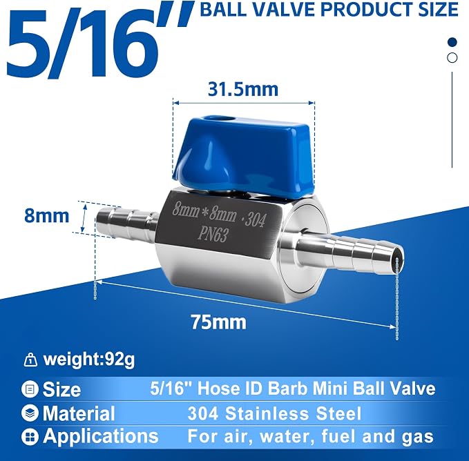 2 Pack 5/16" Hose ID Barb Mini Ball Valve, Stainless Steel Small Shut Off Valve - Image 2