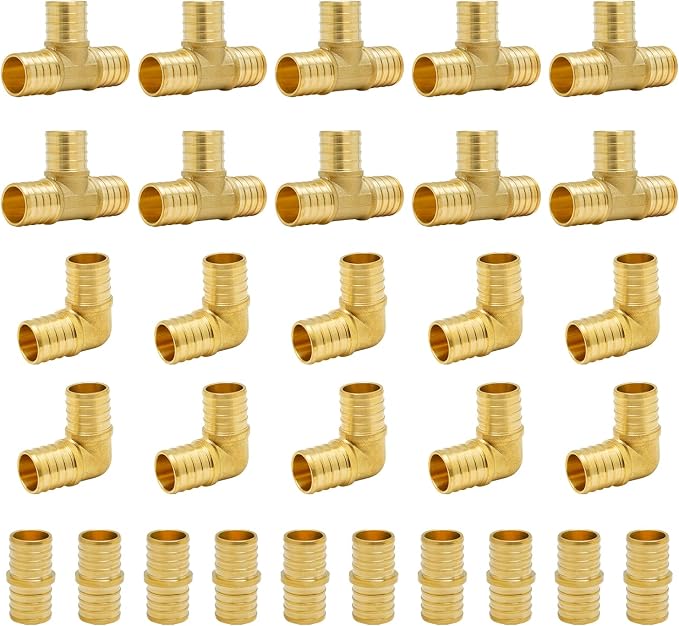 30-Pack 1 Inch PEX Fittings Kit, 10 Each Elbow Tee Coupling | Brass Crimp Pipe by SUNGATOR