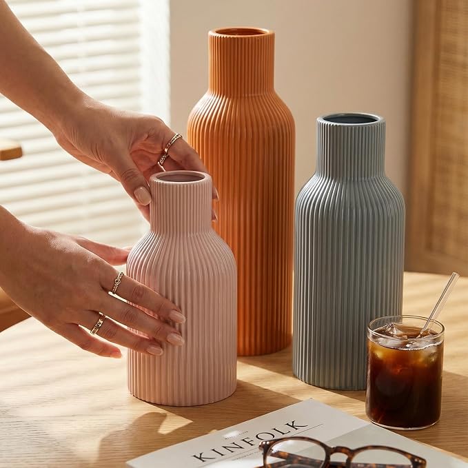 Colorful Ceramic Vases Set of 3, Smooth Round Vertical Ribbed, Minimalist - Image 6
