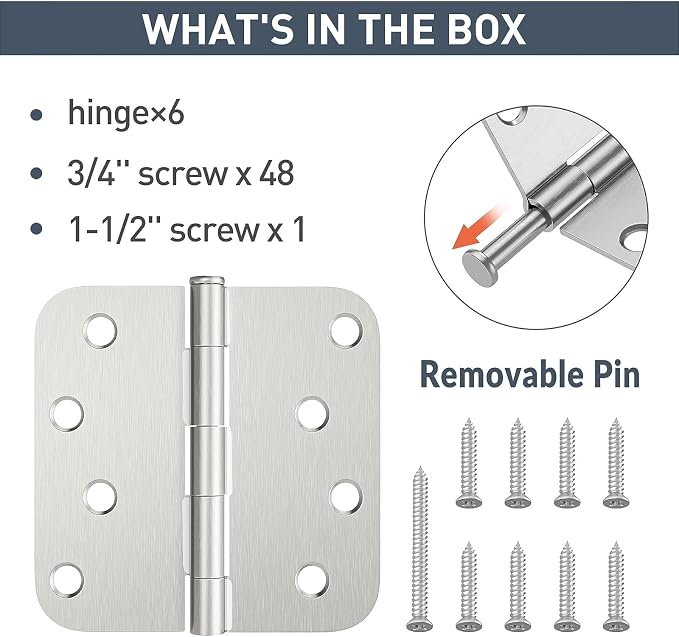 HOSOM 6 Pack Rounded Door Hinges 4 Inch 5/8'' Radius Corner, Satin Nickel - Image 3