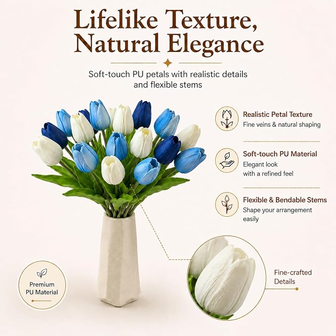Mandy's 20pcs Artificial Shades of Blue Tulips | 13.5 Inch Lifelike PU Tulips - Image 2