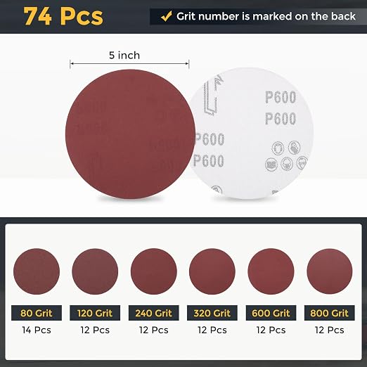 HARFINGTON 74Pcs 5Inch Sanding Disc Hook & Loop Sandpaper Aluminum Oxide | - Image 2
