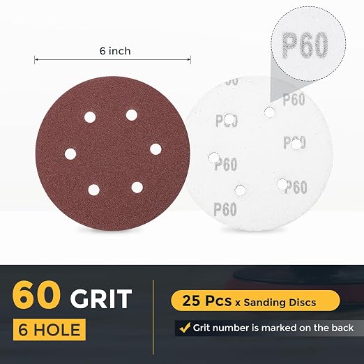 HARFINGTON 25 Pcs 6 Inch Sanding Discs 60 Grit Red Aluminum Oxide 6 Hole | Hook - Image 2