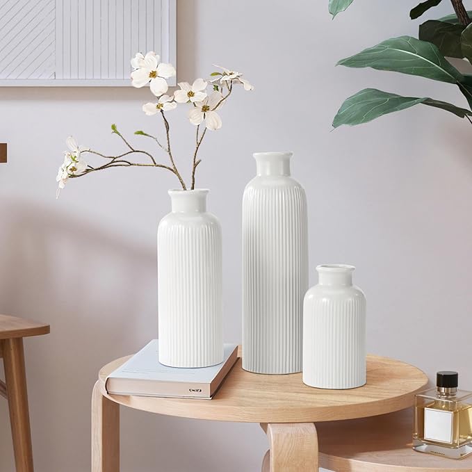 Small White Ceramic Vase Set of 3, Boho Modern White Flower Vase Room Decor - Image 6